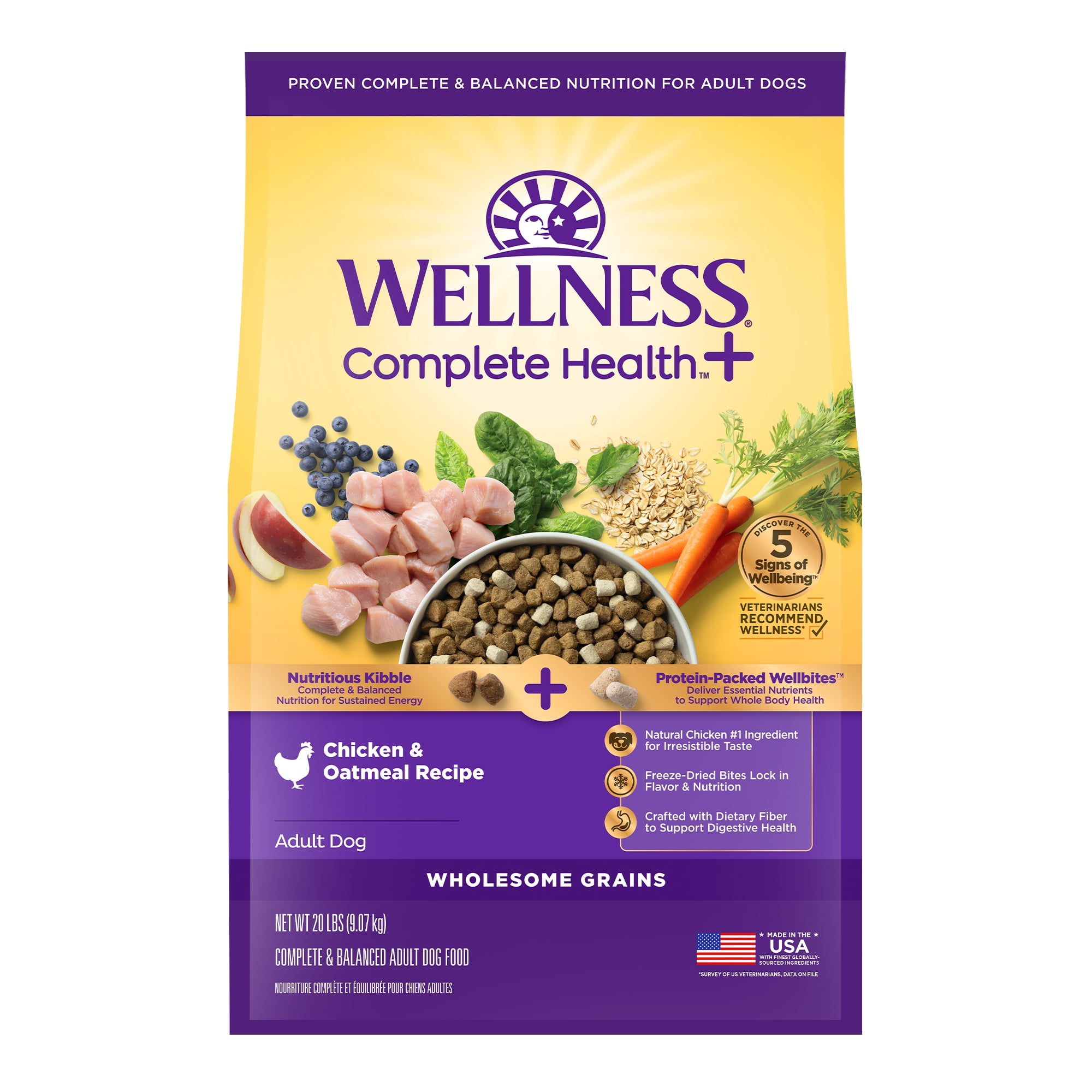 Wellness Complete Health+ Adult Dry Dog Food with Freeze Dried Wellbites, Wholesome Grain Kibble+, Natural, Chicken and Oatmeal Recipe, 20 lb Bag