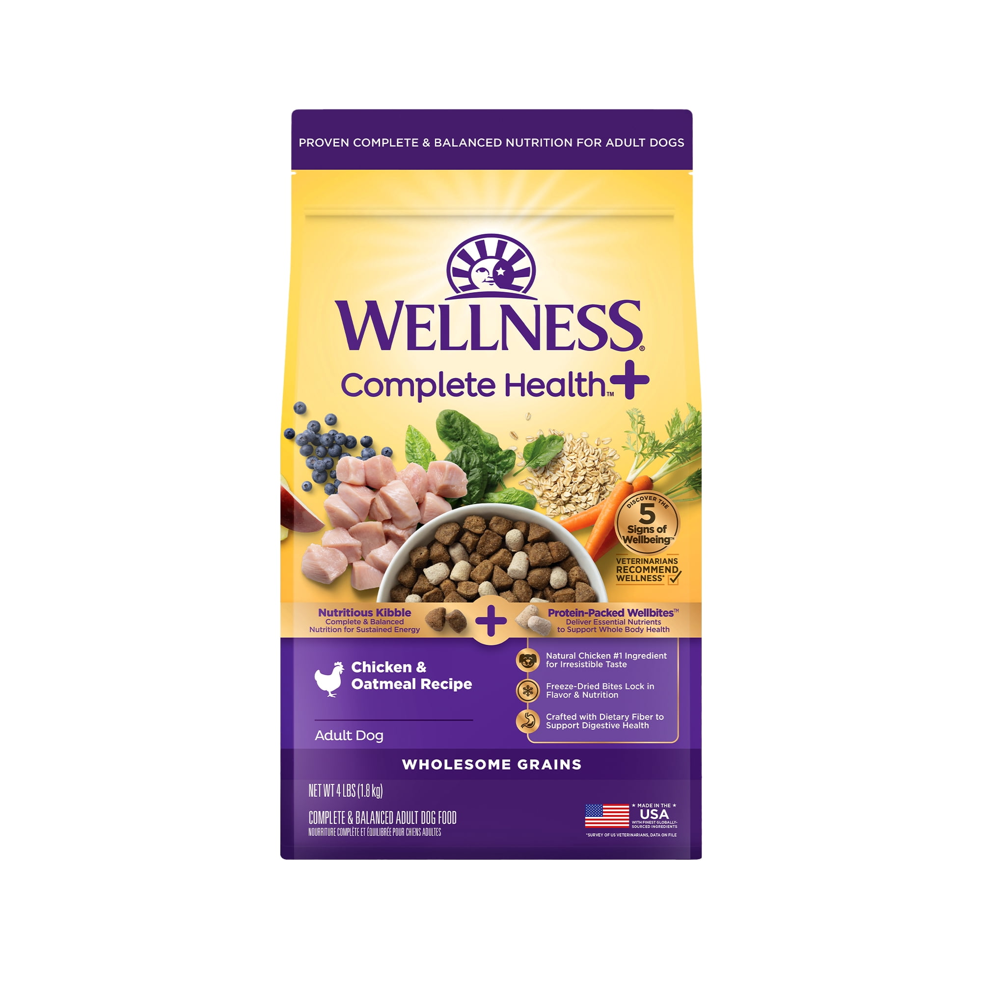 Wellness Complete Health+ Adult Dry Dog Food with Freeze Dried Wellbites, Wholesome Grain Kibble+, Natural, Chicken and Oatmeal Recipe, 4 lb Bag