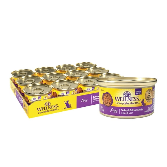 Wellness Complete Health Pate Adult Wet Cat Food, Natural, Protein-Rich, Grain Free, 3 Ounce, 24 Pack, (Turkey & Salmon)