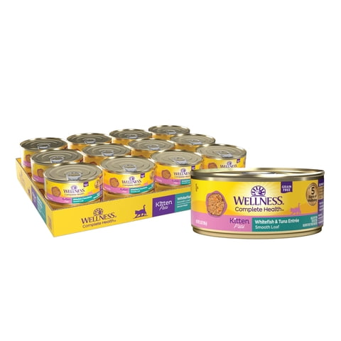 Wellness Complete Health Pate Kitten Canned Wet Cat Food, Natural, Protein Rich, Grain Free, Whitefish and Tuna Entrée Recipe, 5.5 oz, Pack of 24 Cans