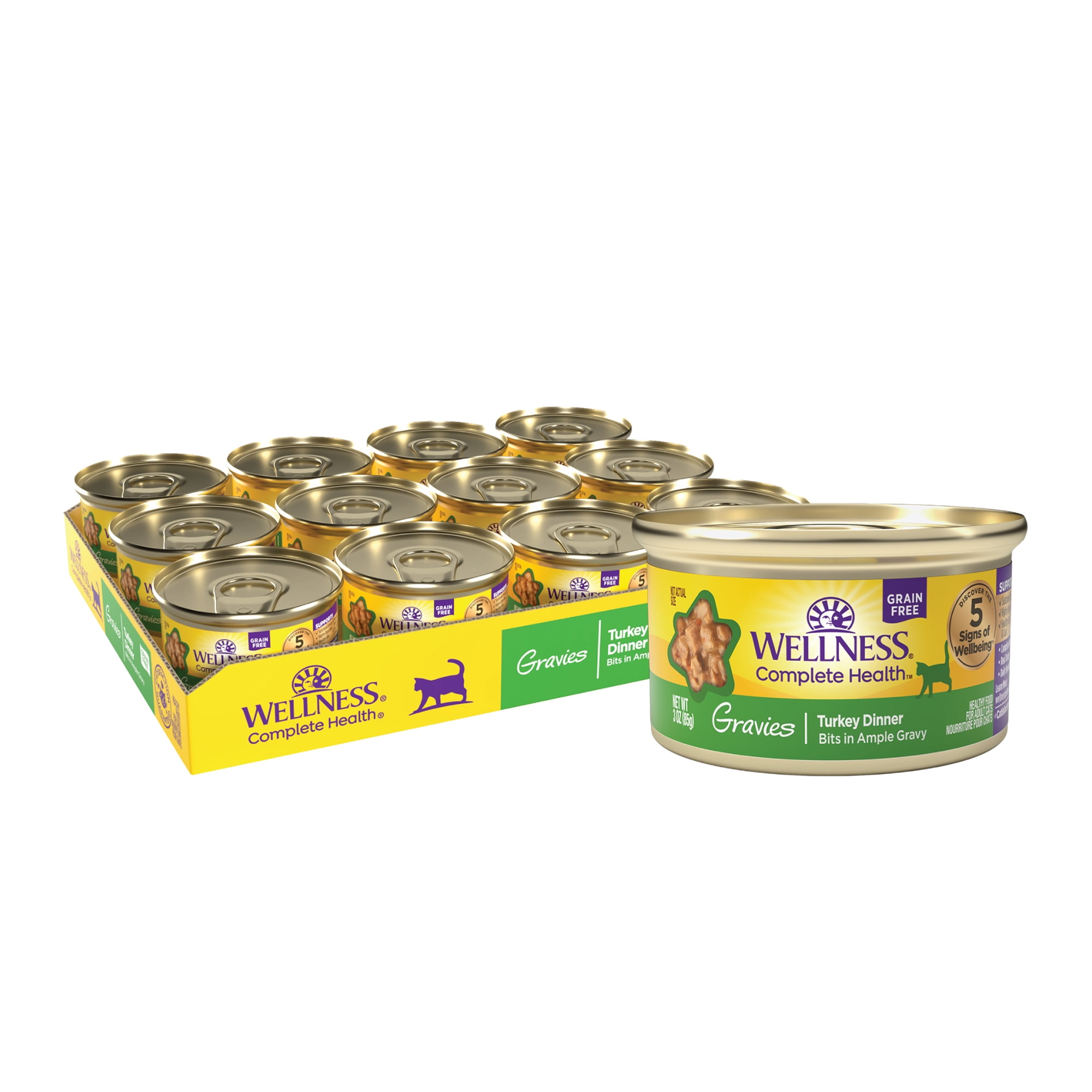 Wellness Complete Health Gravies Adult Canned Wet Cat Food, Natural, Protein Rich, Grain Free, Turkey Dinner Recipe, 3 oz, Pack of 12 Cans