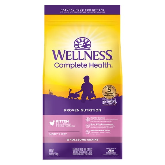 Wellness Complete Health Kitten Dry Cat Food for Indoor & Outdoor Cats, Wholesome Grains, Natural, Original Turkey, Turkey Meal and Chicken (5 Pound Bag)