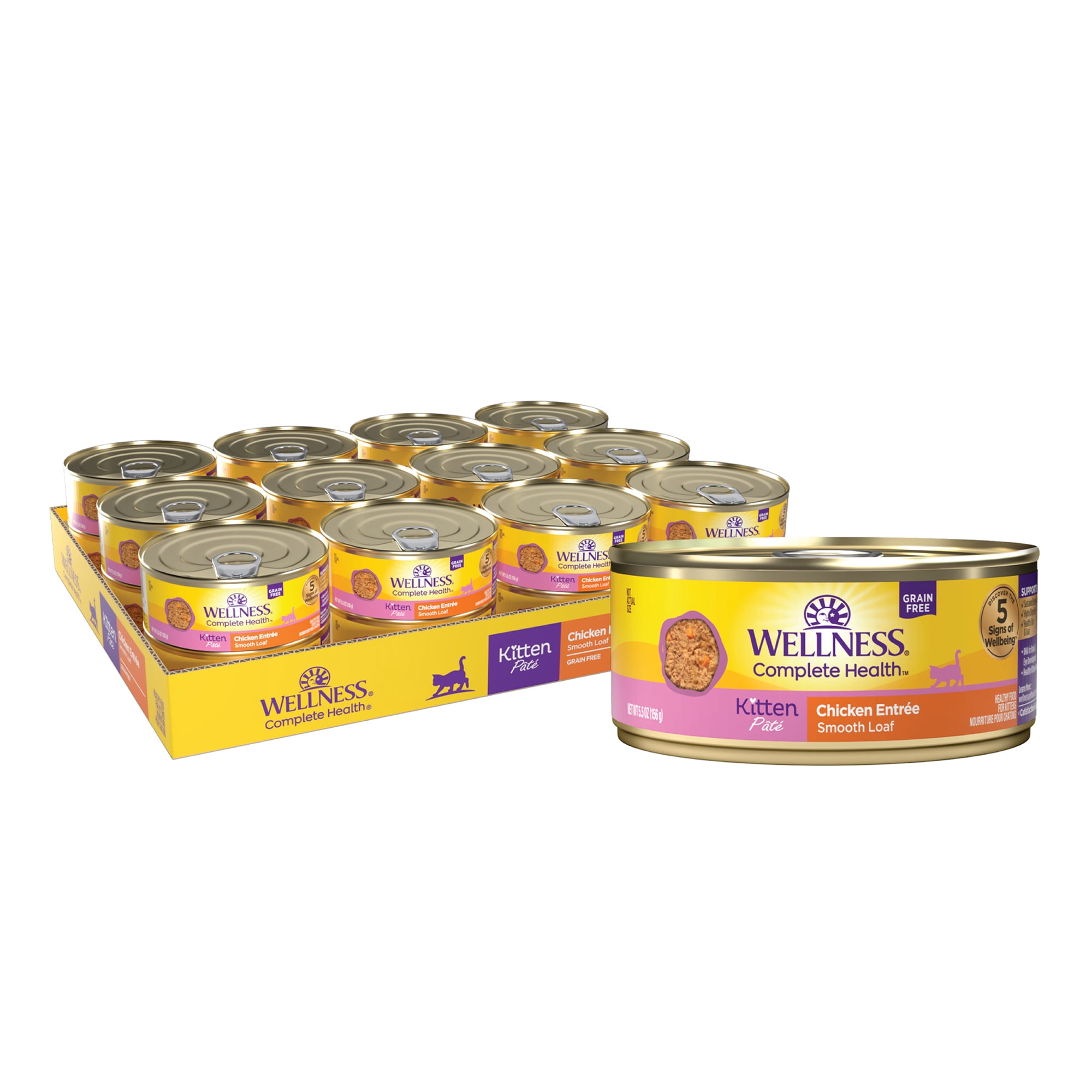 Wellness Complete Health Pate Kitten Canned Wet Cat Food, Natural, Protein Rich, Grain Free, Chicken Entrée Recipe, 5.5 oz, Pack of 24 Cans