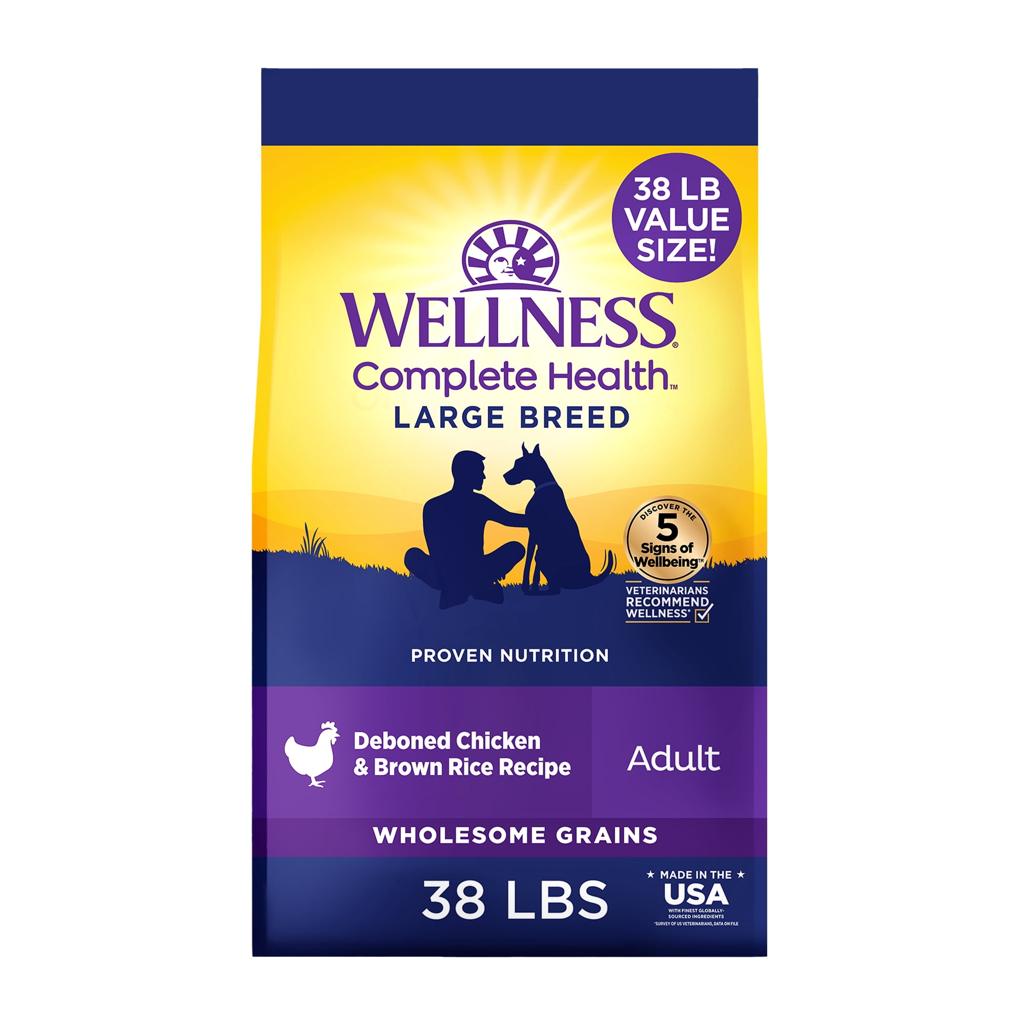 Wellness Complete Health Large Breed Adult Dry Dog Food, Wholesome Grain Kibble, Natural, Chicken and Brown Rice Recipe, 38 lb Bag