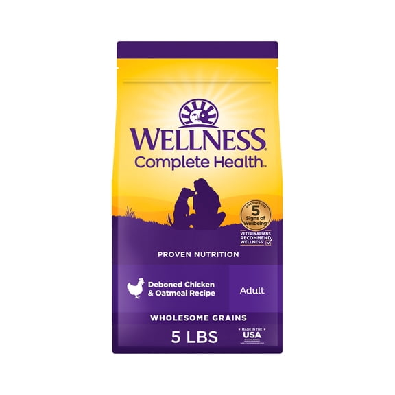Wellness Complete Health Dry Dog Food, Wholesome Grains, Natural, Chicken & Oatmeal, (5-Pound Bag)