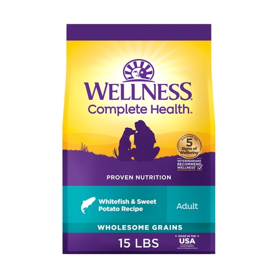 Wellness Complete Health Dry Dog Food, Wholesome Grains, Natural, Whitefish & Sweet Potato Recipe, (15-Pound Bag)