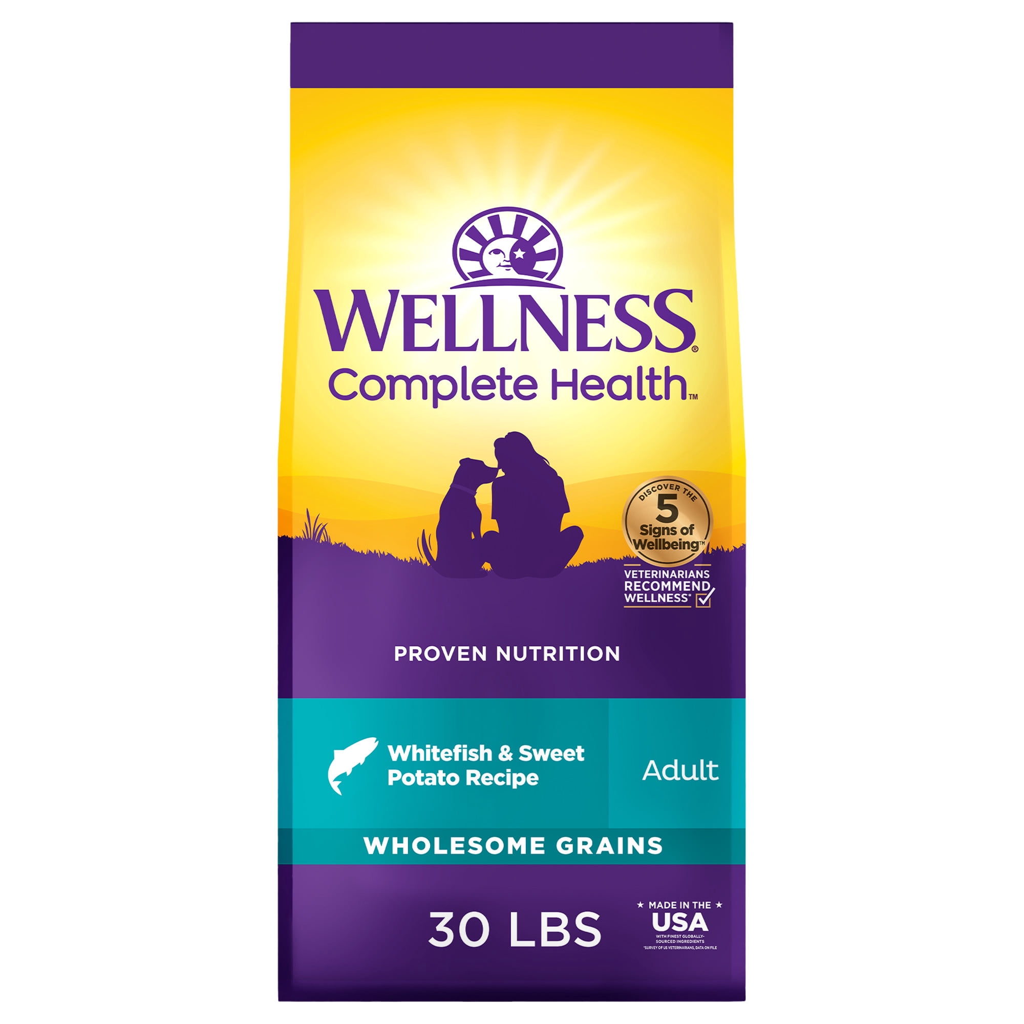 Wellness Complete Health Dry Dog Food, Wholesome Grains, Natural, Whitefish & Sweet Potato Recipe, (30-Pound Bag)