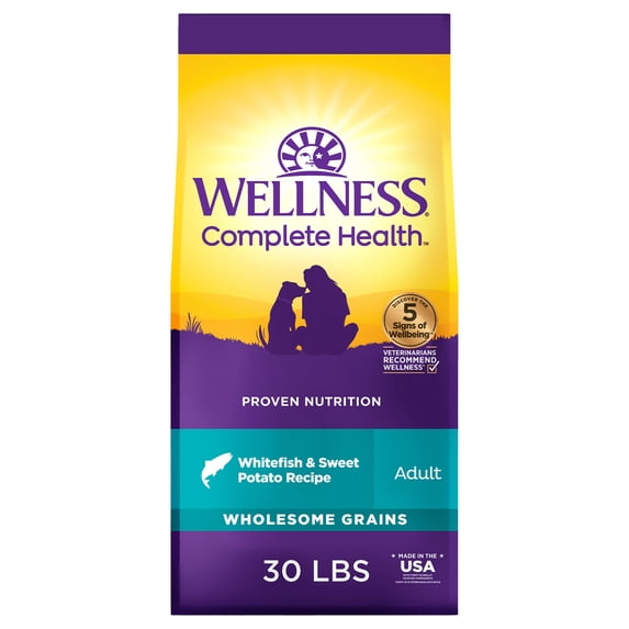 Wellness Complete Health Dry Dog Food, Wholesome Grains, Natural, Whitefish & Sweet Potato Recipe, (30-Pound Bag)