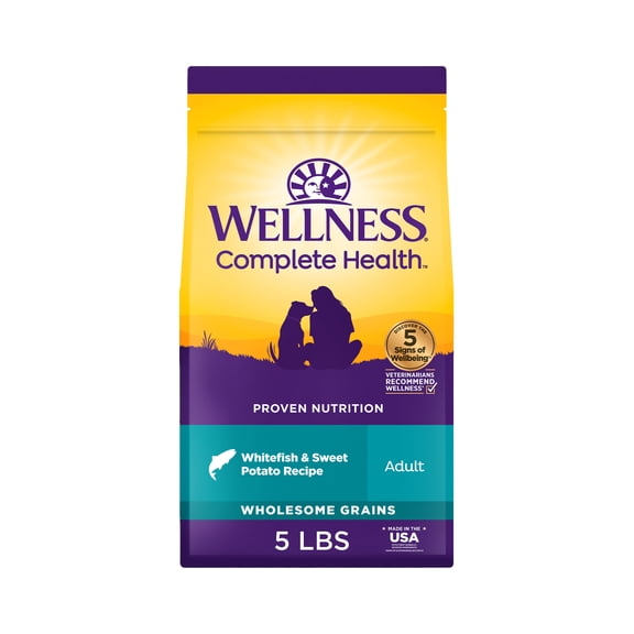 Wellness Complete Health Dry Dog Food, Wholesome Grains, Natural, Whitefish & Sweet Potato, (5-Pound Bag)