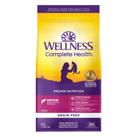 Wellness Complete Health Natural Grain Free Salmon & Herring Indoor Dry Cat Food, 5.5 Pound Bag