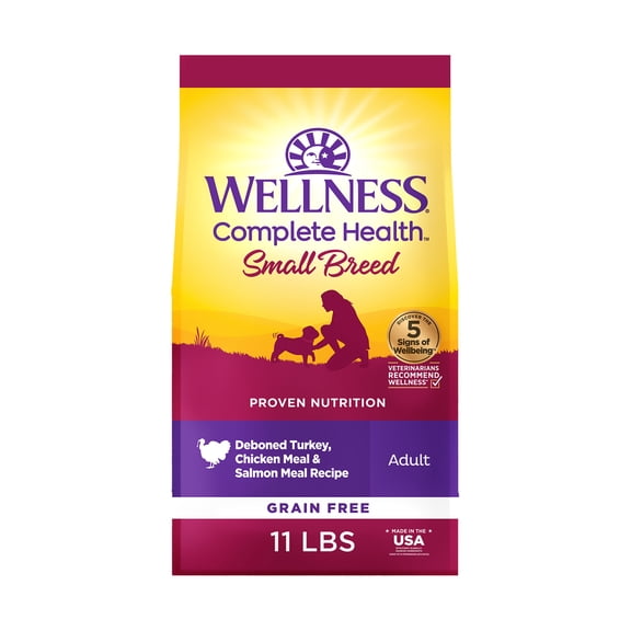 Wellness Complete Health Dry Dog Food, Small Breed, Grain Free, Natural, Turkey, Chicken, & Salmon Recipe (11-Pound Bag)