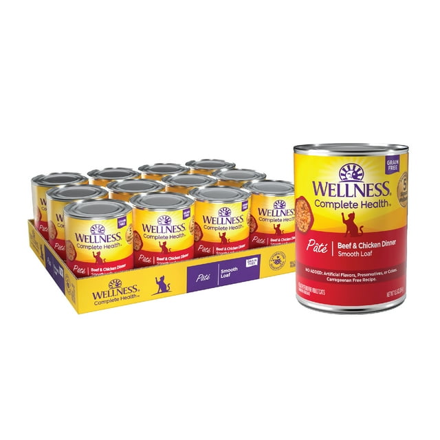 Wellness Complete Health Natural Grain Free Wet Canned Cat Food, Beef & Chicken Pate, 12.5 Ounce Can (Pack of 12)