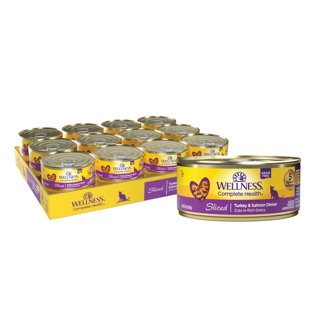 Wellness Complete Health Natural Grain Free Wet Canned Cat Food, Sliced Turkey & Salmon Entree, 5.5-Ounce Can (Pack of 24)