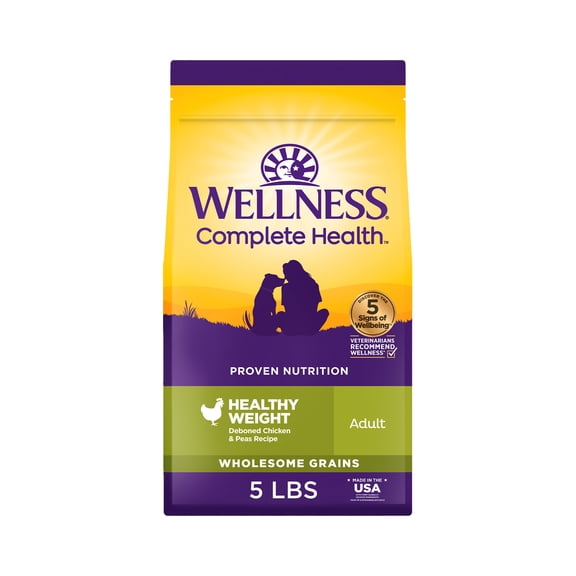 Wellness Complete Health Dry Dog Food, Wholesome Grains, Natural, Healthy Weight Chicken & Peas Recipe, (5-Pound Bag)