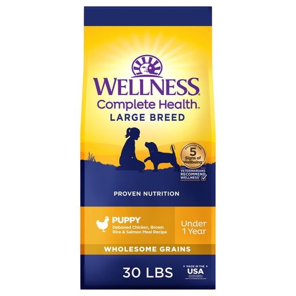 Wellness Complete Health Puppy Dry Dog Food, Large Breed, Wholesome Grains, Natural, Chicken, Oatmeal, & Salmon Recipe, (30-Pound Bag)