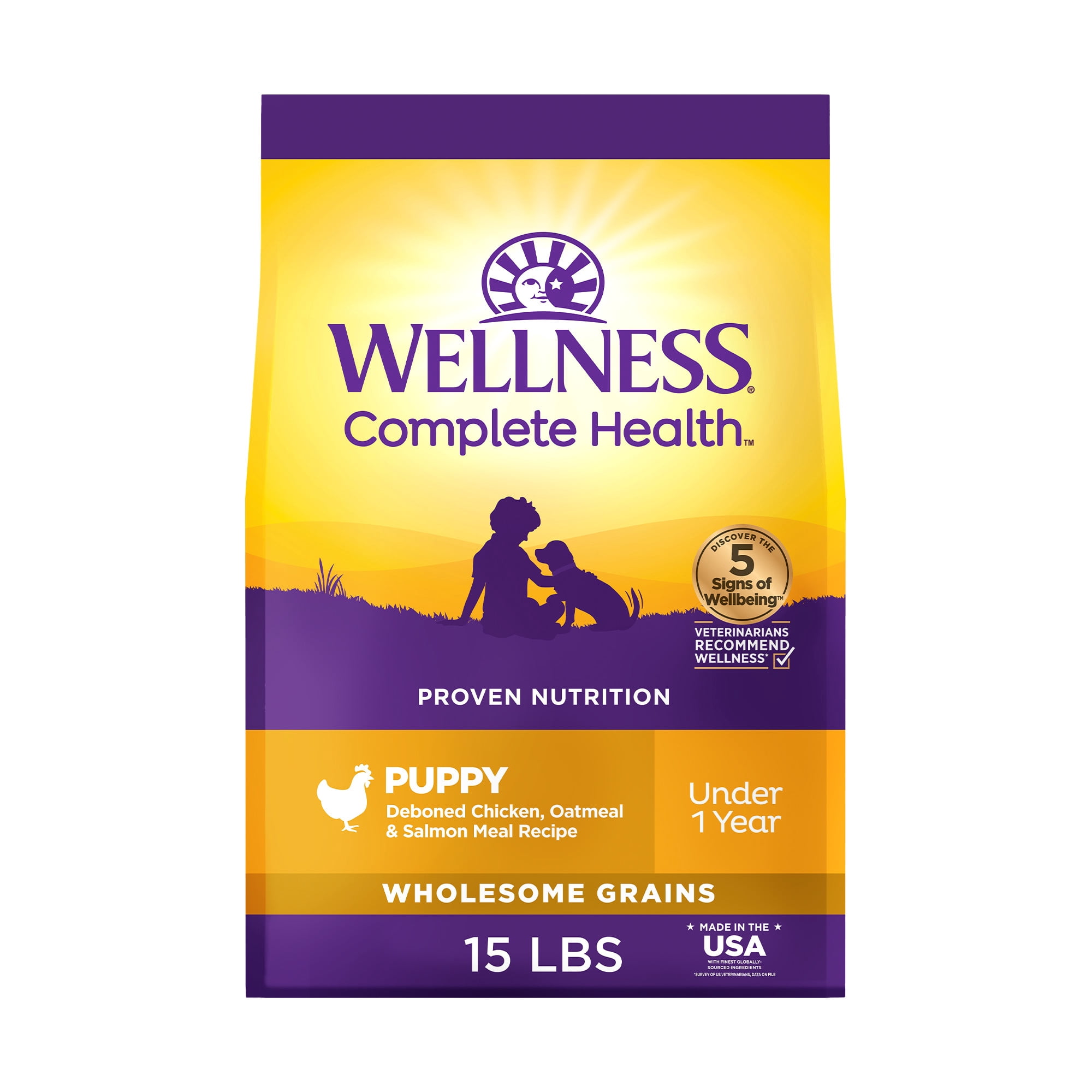 Wellness Complete Health Puppy Dry Dog Food, Wholesome Grains, Natural, Chicken, Oatmeal, & Salmon Recipe, (15-Pound Bag)