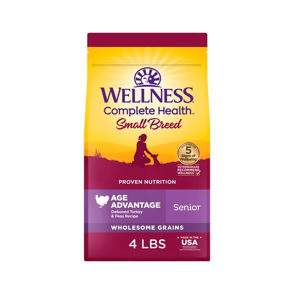 Wellness Complete Health Senior Dry Dog Food, Small Breed, Wholesome Grains, Natural, Age Advantage Turkey & Peas Recipe, (4-Pound Bag)