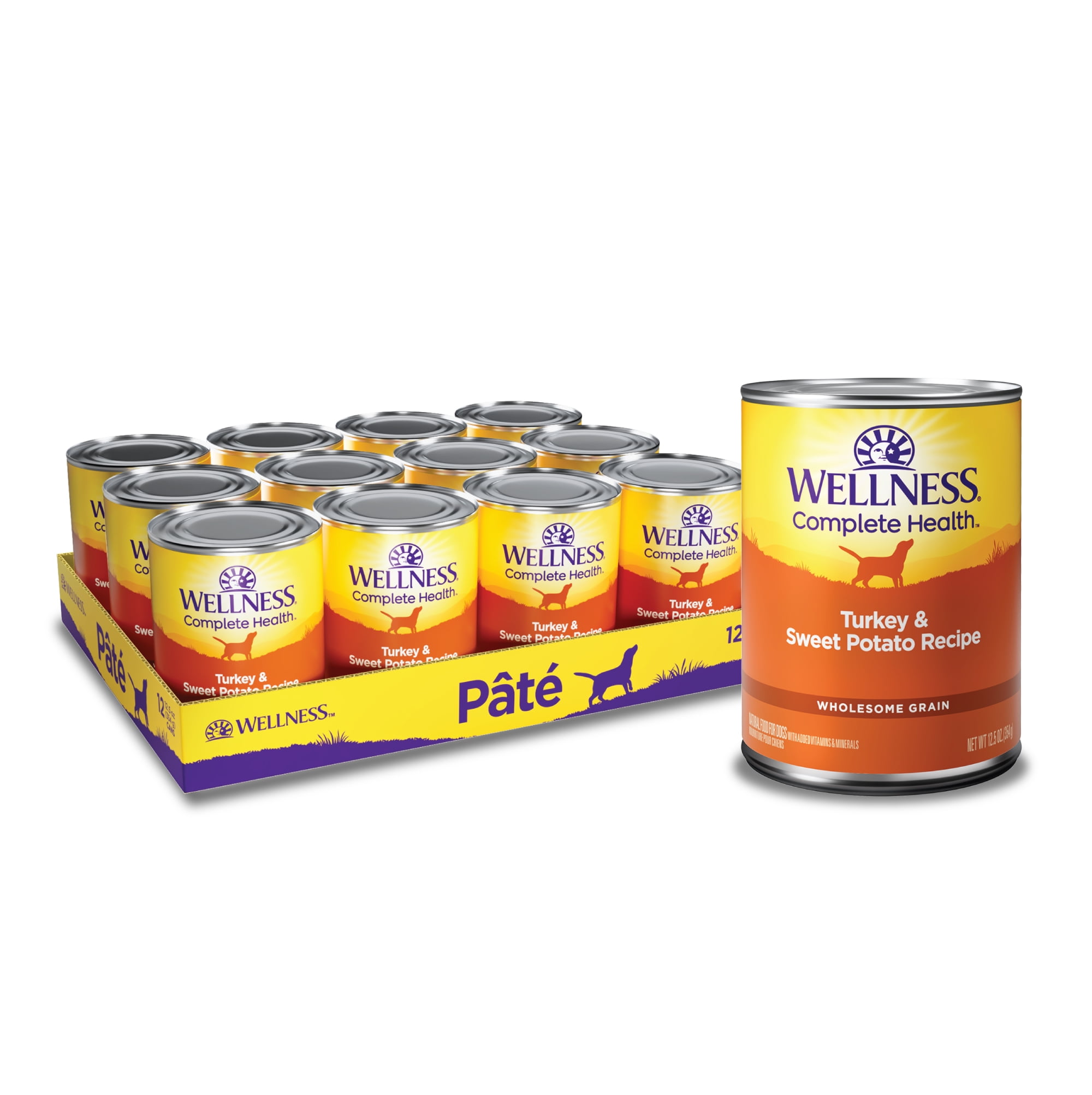 Wellness Complete Health Pate Adult Canned Wet Dog Food, Wholesome Grains, Natural, Turkey and Sweet Potato, 12.5 oz, Pack of 12 Cans