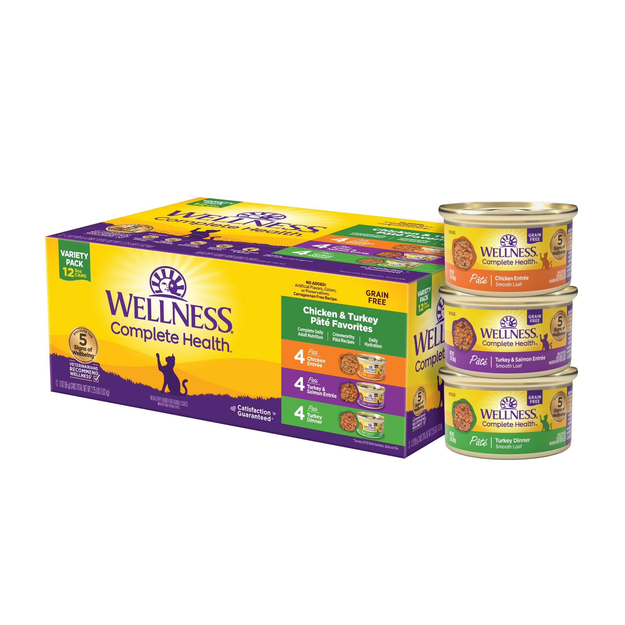 Wellness Complete Health Pate Adult Wet Cat Food, Natural, Protein-Rich, Grain Free, 3 Ounce , 12 Pack, (Chicken & Turkey Favorites Variety Pack)