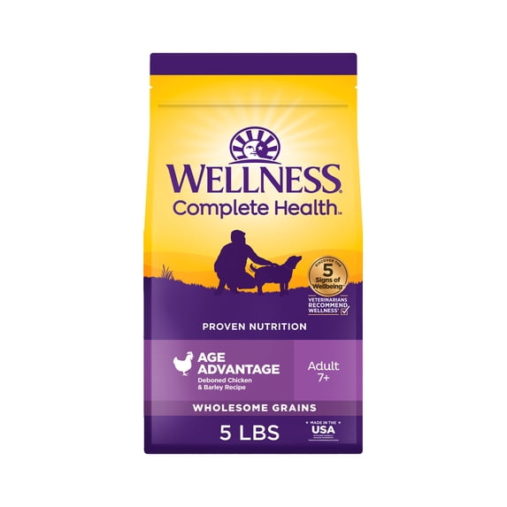 Wellness Complete Health Senior Dry Dog Food, Wholesome Grains, Natural, Age Advantage Chicken & Barley Recipe, (5-Pound Bag)