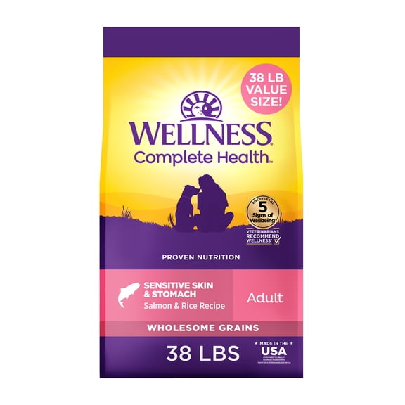 Wellness Complete Health Sensitive Skin and Stomach Dry Dog Food, Wholesome Grain Kibble, Natural, Chicken Free, Salmon and Rice Recipe, 38 lb Bag