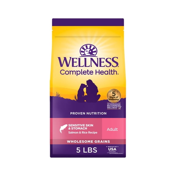 Wellness Complete Health Sensitive Skin and Stomach Dry Dog Food, Wholesome Grain Kibble, Natural, Chicken Free, Salmon and Rice Recipe, 5 lb Bag