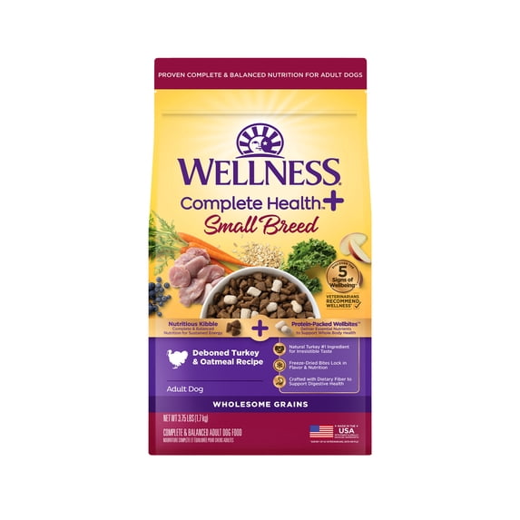 Wellness Complete Health+ Small Breed Adult Dry Dog Food with Freeze Dried Wellbites, Wholesome Grain Kibble+, Natural, Turkey and Oatmeal Recipe, 3.75 lb Bag
