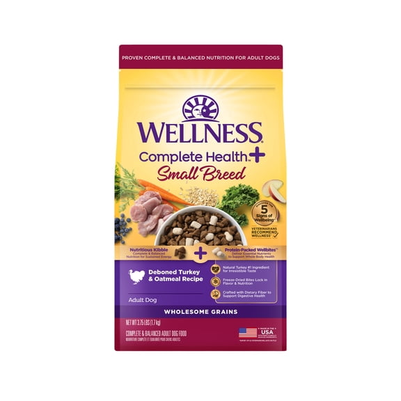 Wellness Complete Health+ Small Breed Adult Dry Dog Food with Freeze Dried Wellbites, Wholesome Grain Kibble+, Natural, Turkey and Oatmeal Recipe, 3.75 lb Bag