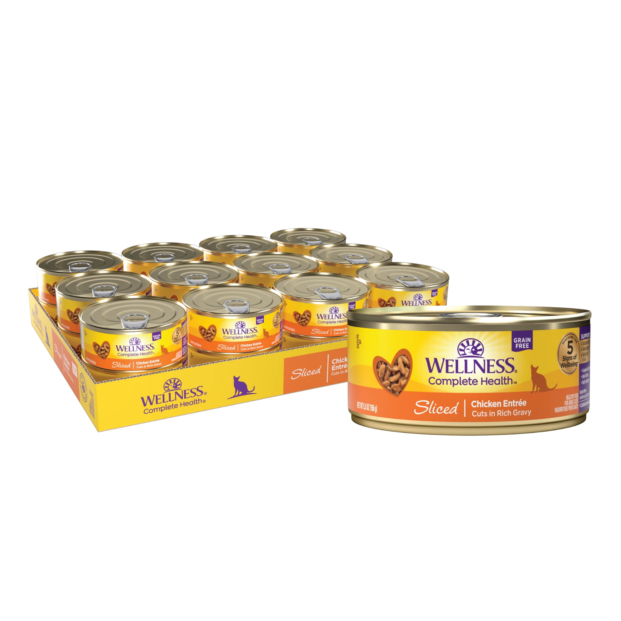 Wellness Complete Health Sliced Adult Wet Cat Food, Natural, Protein-Rich, Grain Free, 5.5 Ounce , 24 Pack, (Chicken Entrée)