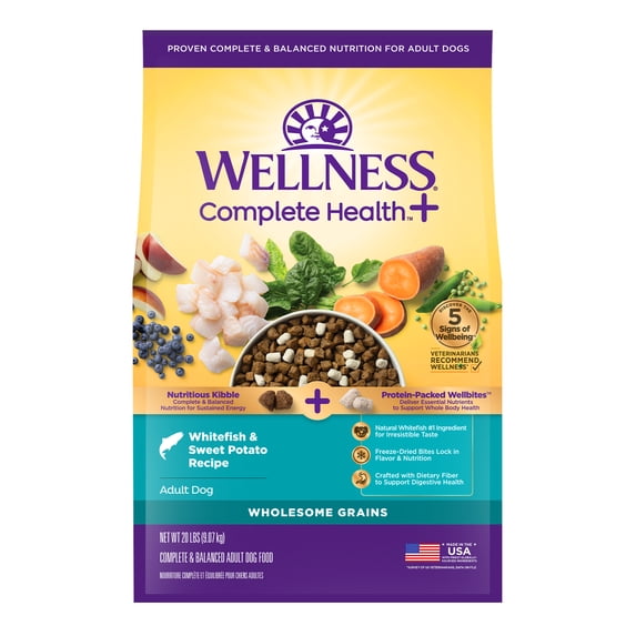 Wellness Complete Health+ Adult Dry Dog Food with Freeze Dried Wellbites, Wholesome Grain Kibble+, Natural, Chicken Free, Whitefish and Sweet Potato Recipe, 20 lb Bag
