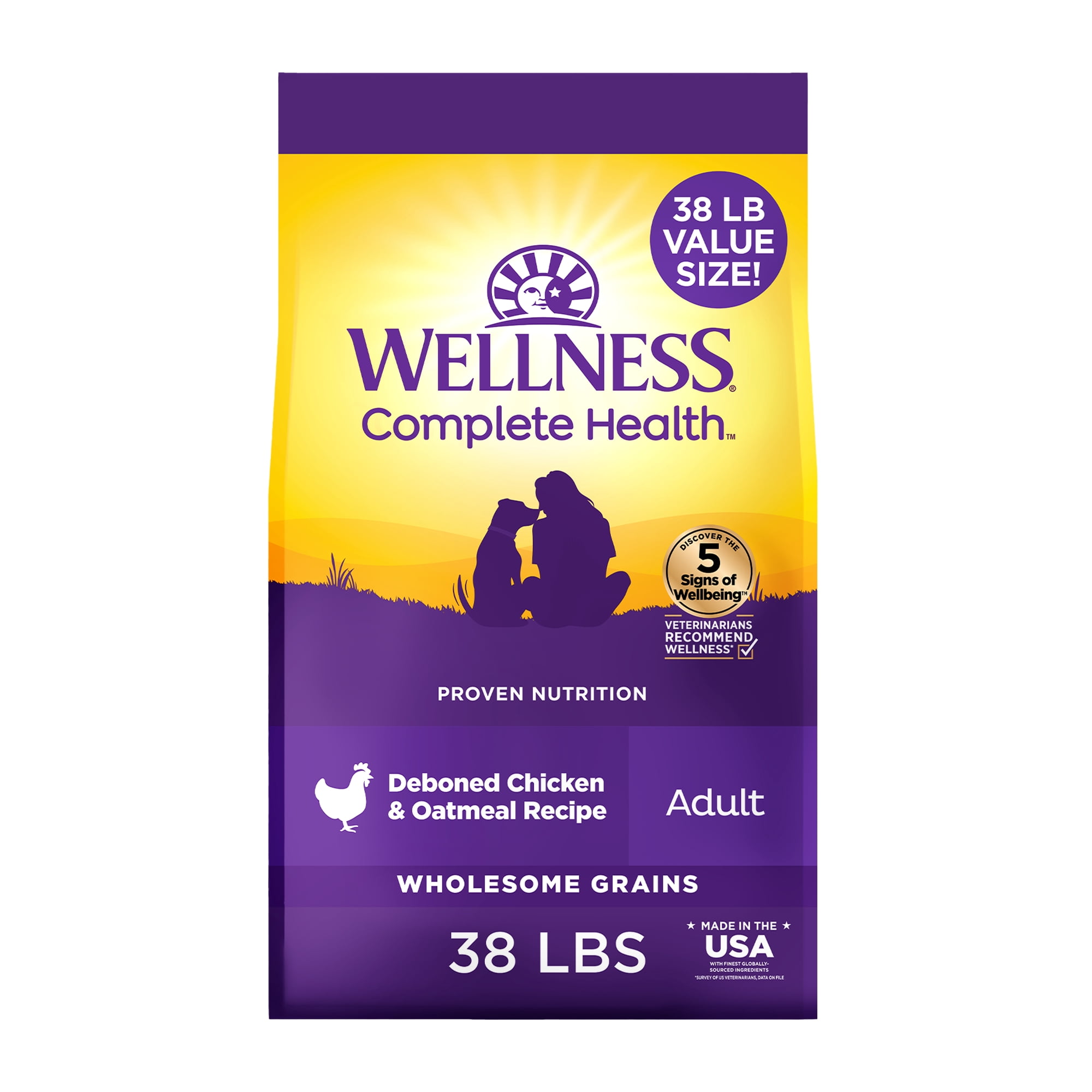 Wellness Complete Health Adult Dry Dog Food, Wholesome Grain Kibble, Natural, Chicken and Oatmeal Recipe, 38 lb Bag