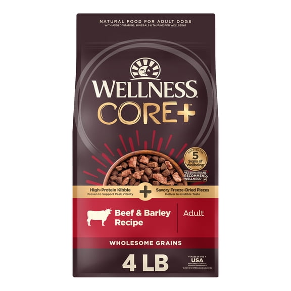 Wellness CORE+ Adult Dry Dog Food with Freeze Dried Pieces, Wholesome Grain Kibble+, Natural, High Protein, Beef and Barley Recipe, 4 lb Bag