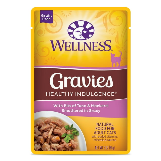 Wellness Healthy Indulgence Natural Grain Free Wet Cat Food, Gravies Tuna & Mackerel, 3-Ounce Pouch (Pack of 24)