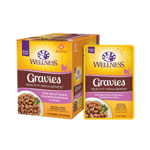 Wellness Healthy Indulgence Natural Grain Free Wet Cat Food, Gravies Tuna & Mackerel, 3-Ounce Pouch (Pack of 24)