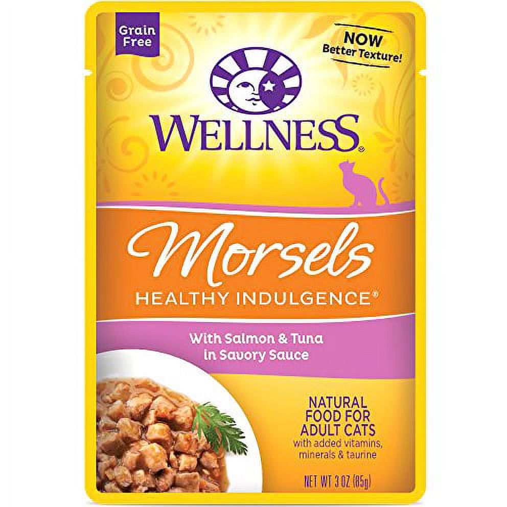 Wellness Healthy Indulgence Natural Grain Free Wet Cat Food, Morsels Salmon & Tuna, 3-Ounce Pouch (Pack of 24) - image 1 of 4