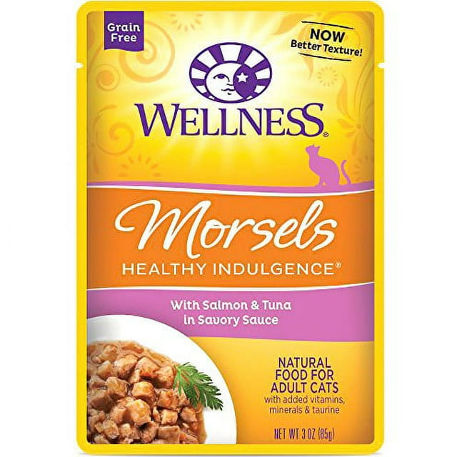 Wellness Healthy Indulgence Natural Grain Free Wet Cat Food, Morsels Salmon & Tuna, 3-Ounce Pouch (Pack of 24)