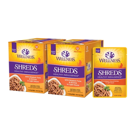 Wellness Healthly Indulgence Shreds Adult Wet Cat Food, Natural, Protein-Rich, Grain Free, 3 Ounce Pouch, 24 Pack, (Tuna & Shrimp)
