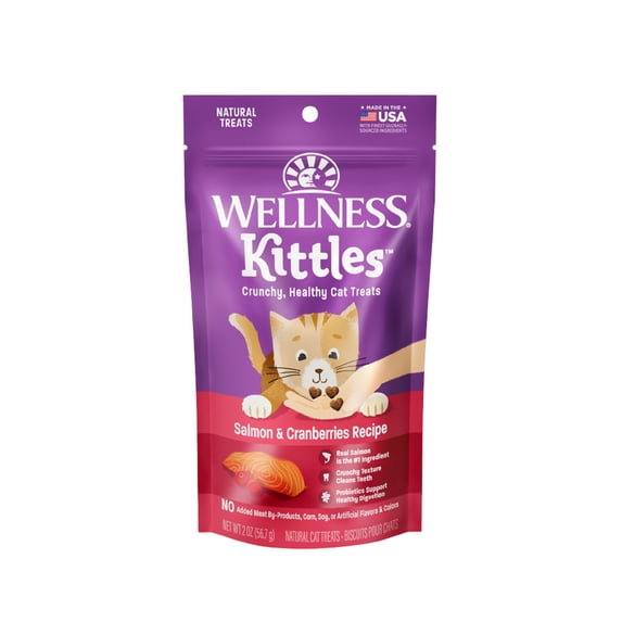Wellness Kittles Crunchy Cat Treats, All Lifestages, Kitten to Senior, Natural, Grain Free, Salmon and Cranberry Flavor, 2 oz Bag