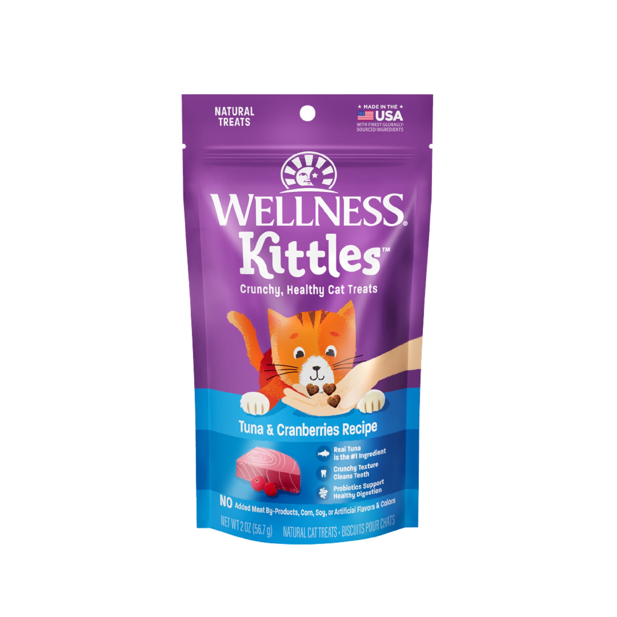 Wellness Kittles Crunchy Cat Treats, All Lifestages, Kitten to Senior, Natural, Grain Free, Tuna and Cranberry Flavor, 2 oz Bag