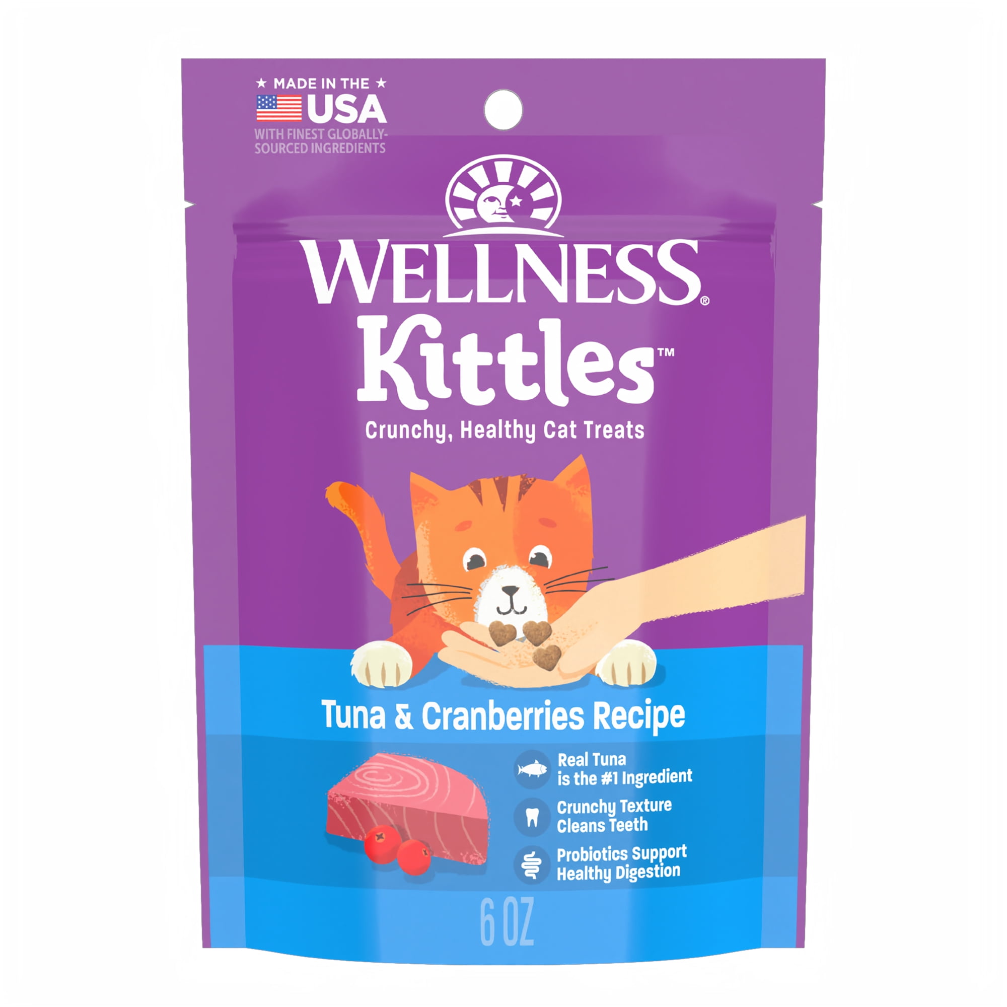 Wellness Kittles Crunchy Cat Treats, All Lifestages, Kitten to Senior, Natural, Grain Free, Tuna and Cranberry Flavor, 6 oz Bag