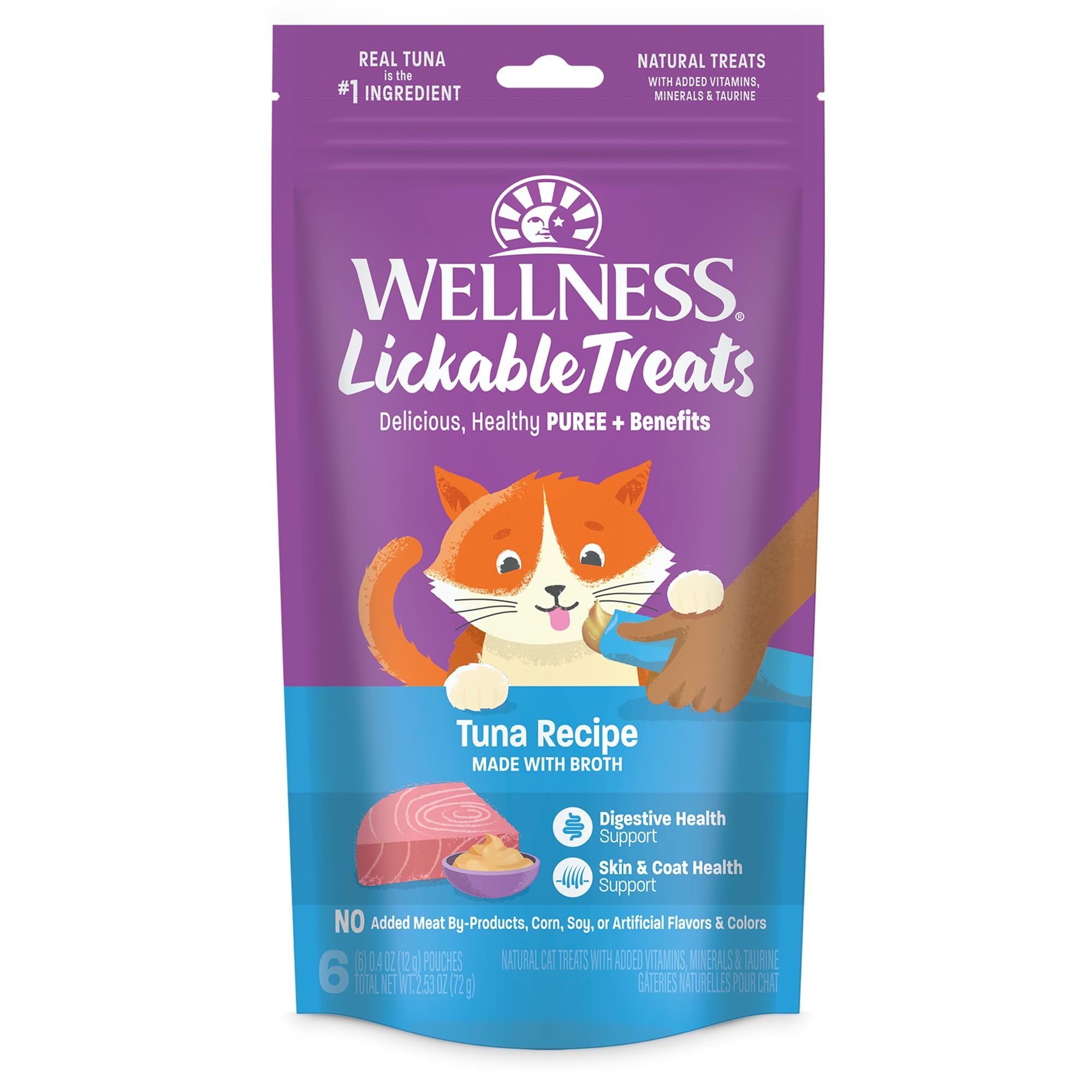 Wellness Lickable Treats Soft Puree HYZ01 Natural Grain Free Adult Cat Treats, Tuna Recipe, Contains 6-0.4 Ounce Squeezable Tubes