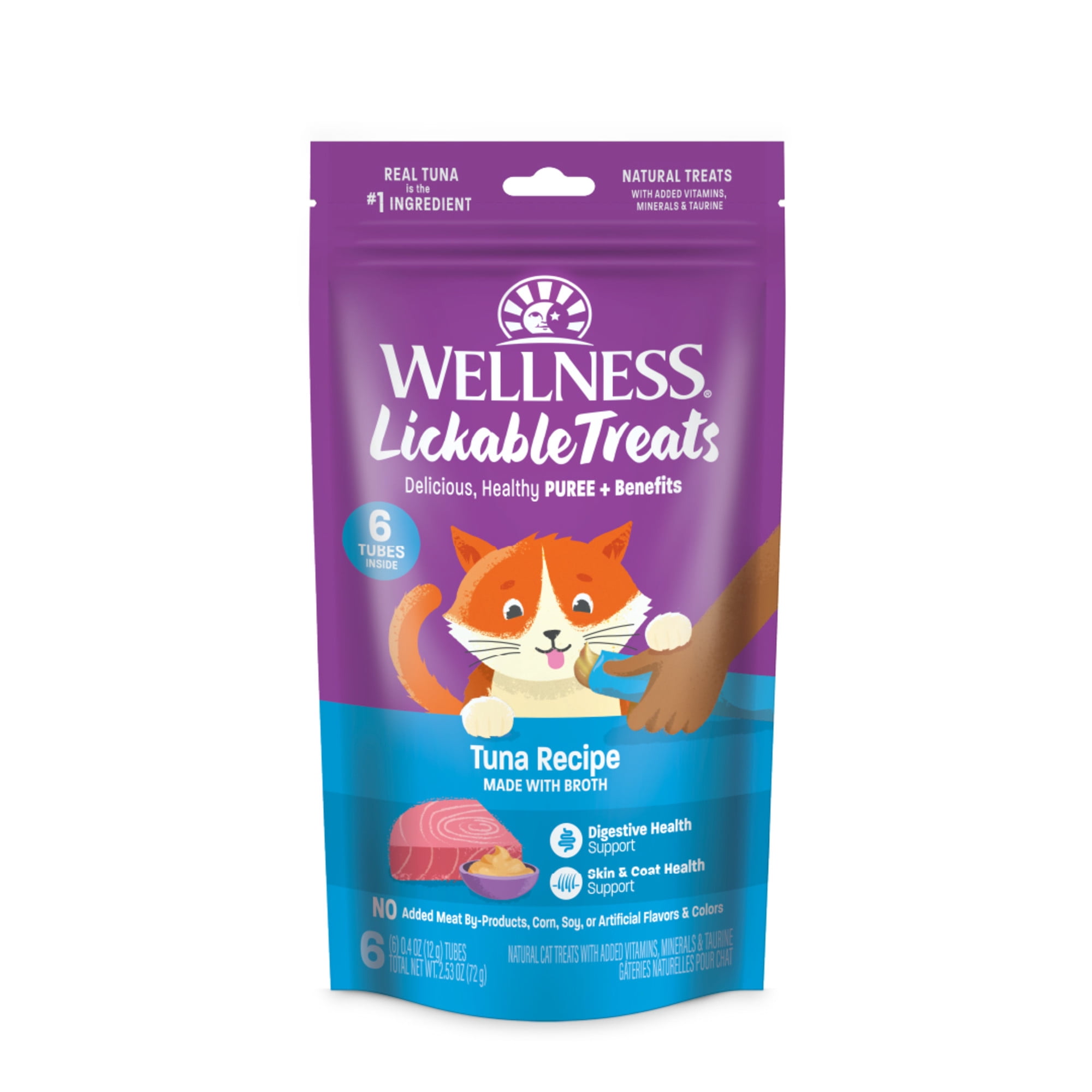 Wellness Lickable Soft Puree Cat Treats, All Lifestages, Kitten to Senior, Natural, Grain Free, Tuna Flavor, 0.4 oz, Pack of 6 Tubes