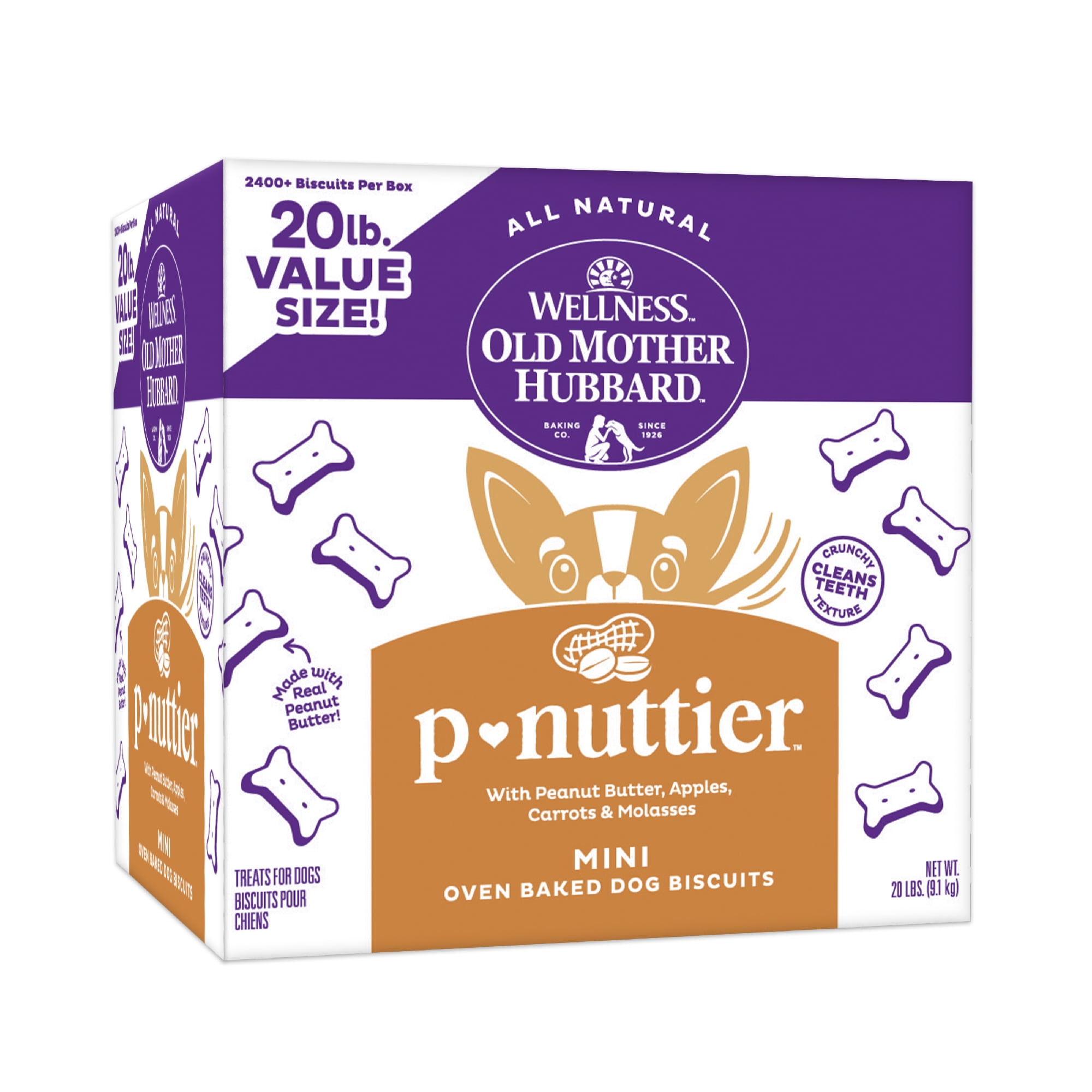 Wellness Old Mother Hubbard Classic P-Nuttier Dog Biscuits, Natural Training Treats, Peanut Butter Flavor, Mini Size, 20 lb Box
