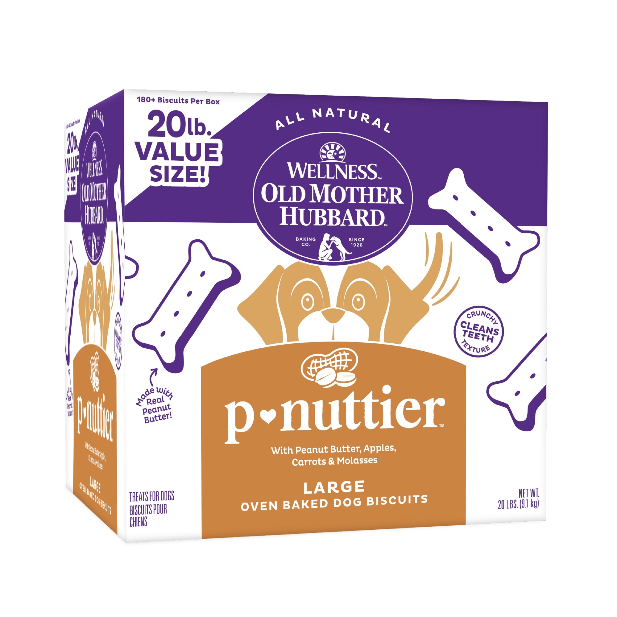 Wellness Old Mother Hubbard Classic P-Nuttier Dog Biscuits, Natural Training Treats, Peanut Butter Flavor, Large Size, 20 lb Box