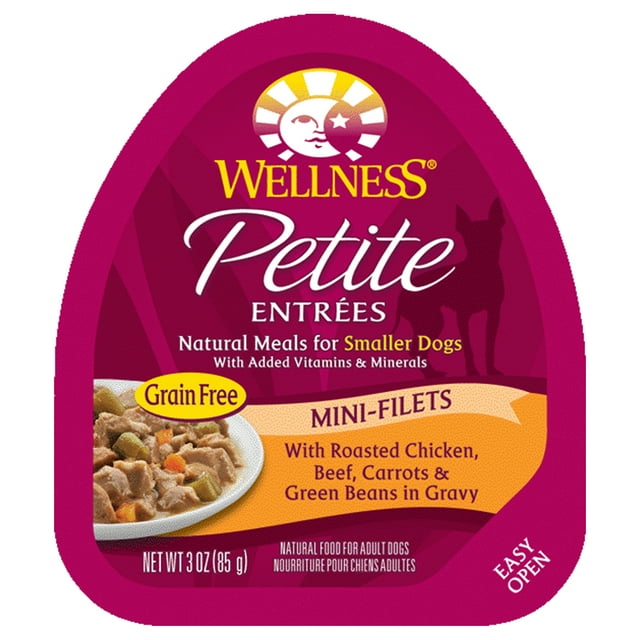 Wellness Petite Entrees Mini Fillets Grain Free Natural Wet Small Breed Dog Food, Roasted Chicken, Beef, Carrots & Green Beans, 3-Ounce Cup (Pack of 24)