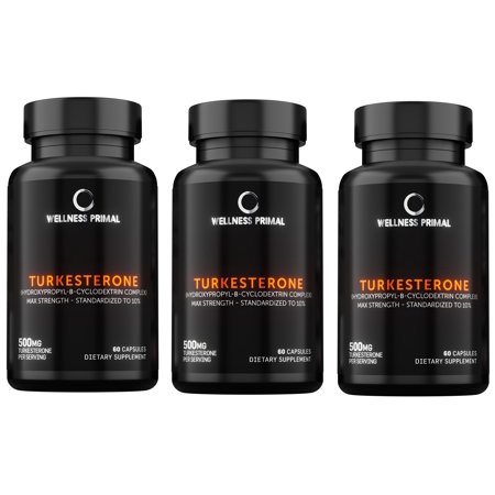Wellness Primal Turkesterone 500mg with Hydroxypropyl-Beta-Cyclodextrin Complex Standardized (Similar to Ecdysterone) Promotes Strength, Endurance and Muscle Growth (60 Capsules) (3 Bottle)