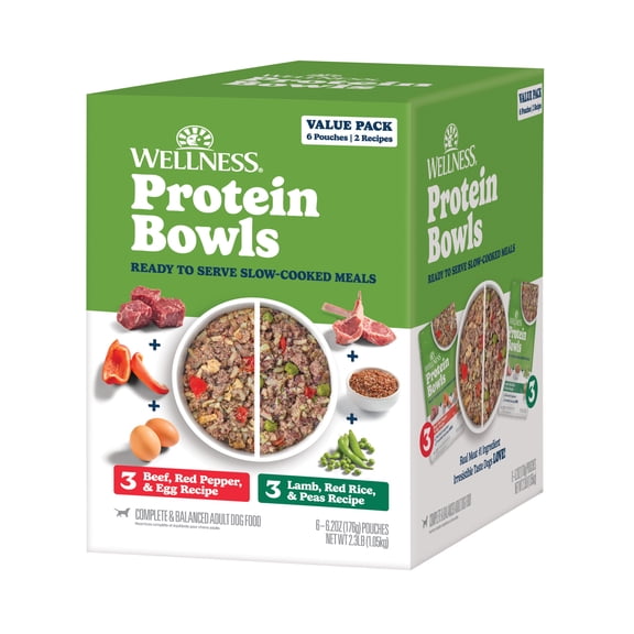 Wellness Protein Bowls, Adult Fresh Alternative Dog Food, Wholesome Grains, 6.2 Ounce Pouch, 6 Pack, (Beef & Lamb Value Pack)