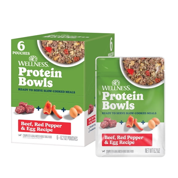 Wellness Protein Bowls, Adult Fresh Alternative Dog Food, Wholesome Grains, 6.2 Ounce Pouch, 6 Pack, (Beef, Red Pepper & Egg Recipe)