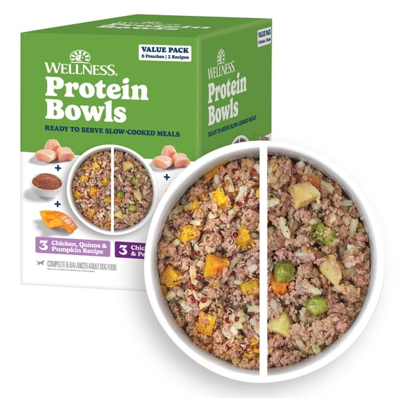 Wellness Protein Bowls, Adult Fresh Alternative Dog Food, Wholesome Grains, 6.2 Ounce Pouch, 6 Pack, (Chicken Value Pack)