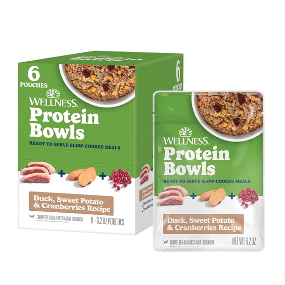 Wellness Protein Bowls, Adult Fresh Alternative Dog Food, Wholesome Grains, 6.2 Ounce Pouch, 6 Pack, (Duck, Sweet Potato & Cranberries Recipe)